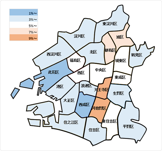 各区の高額年収世帯割合を五段階で色塗り。